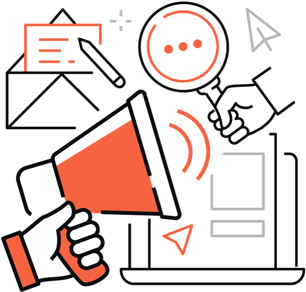 Import revânzare transfrontalieră CE Ilustrare grafică a instrumentelor de marketing digital, cum ar fi megafon, pictogramă de căutare, mobil, documente etc., reprezentate în schema de culori portocaliu și negru.